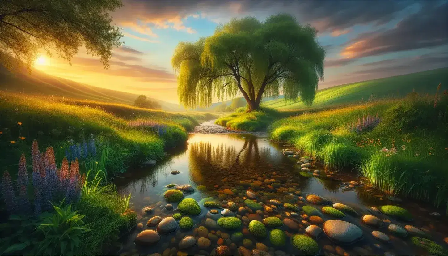 Peaceful natural scene with clear stream, pebbles, green grass, wild flowers, weeping willow and hills at sunset.