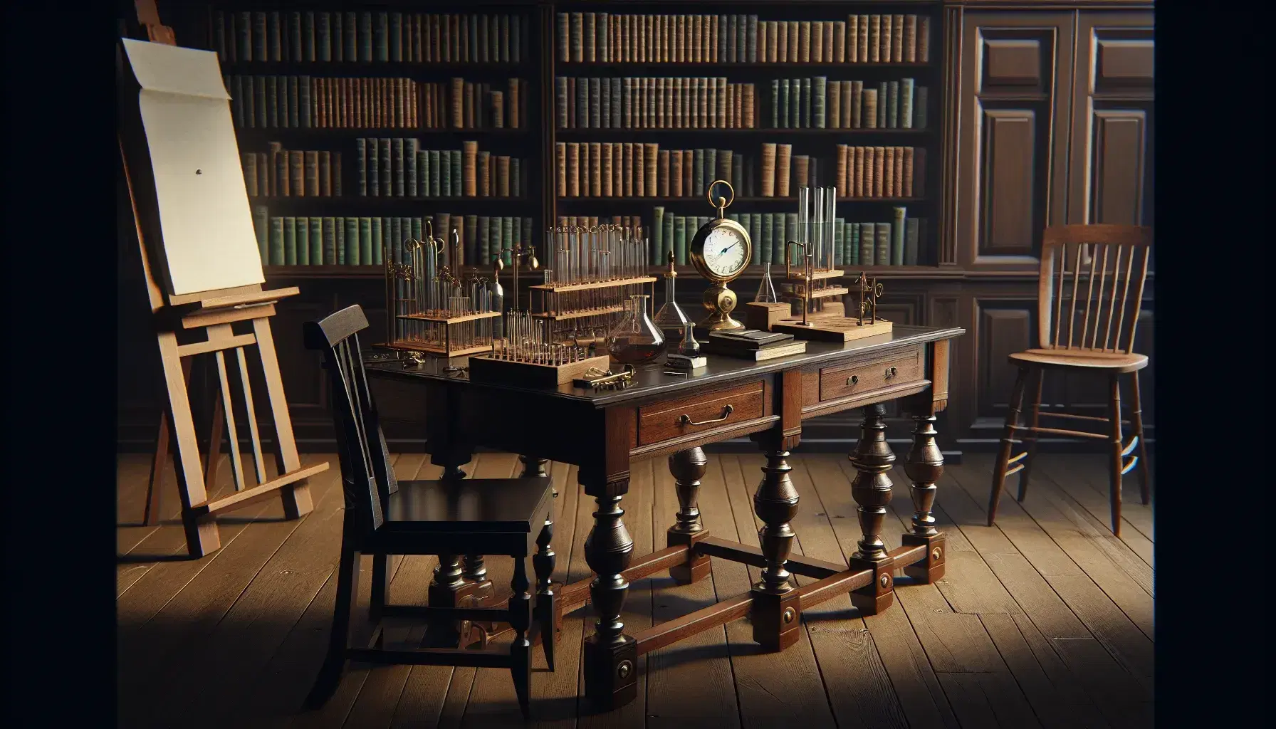 Laboratorio de psicología de finales del siglo XIX con mesa de madera oscura, instrumentos científicos de latón y vidrio, silla alta, estantería llena de libros y pizarra en caballete.