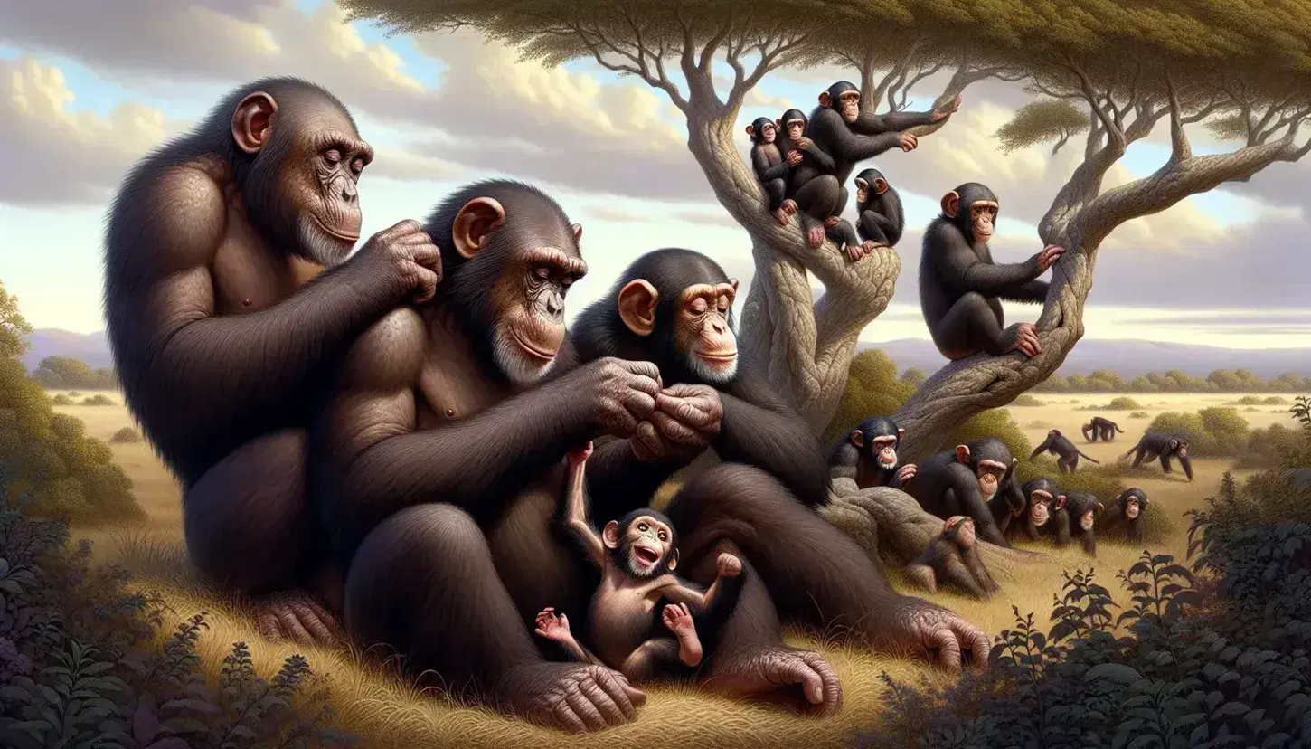 Adult chimpanzees groom each other, young chimpanzees play around a tree in a natural landscape with grassy hills and blue sky.