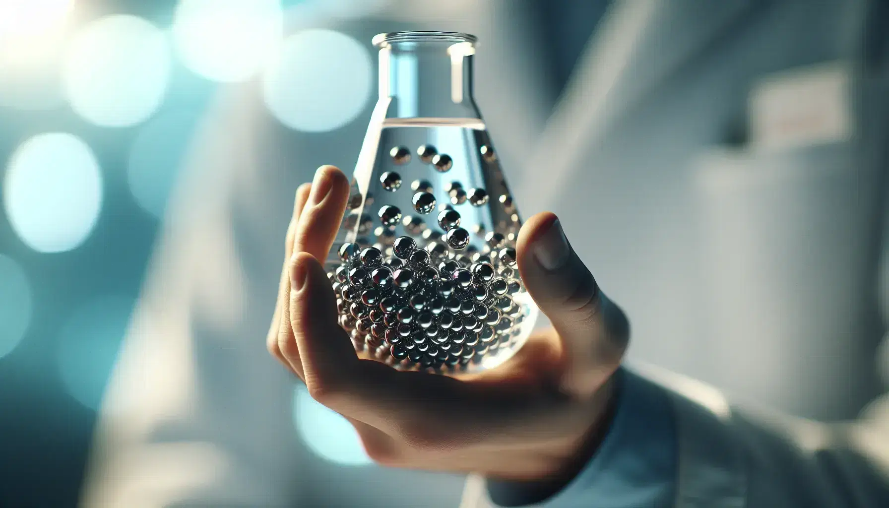 Hand in white lab coat holding a glass flask with suspended metallic spheres in a clear liquid, against a blurred blue-green laboratory backdrop.
