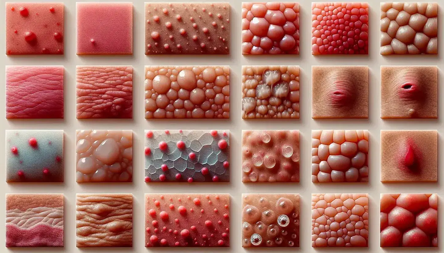 Campione di pelle umana con varie condizioni dermatologiche, da eruzioni lievi a eczema cronico, disposti in griglia su sfondo neutro.