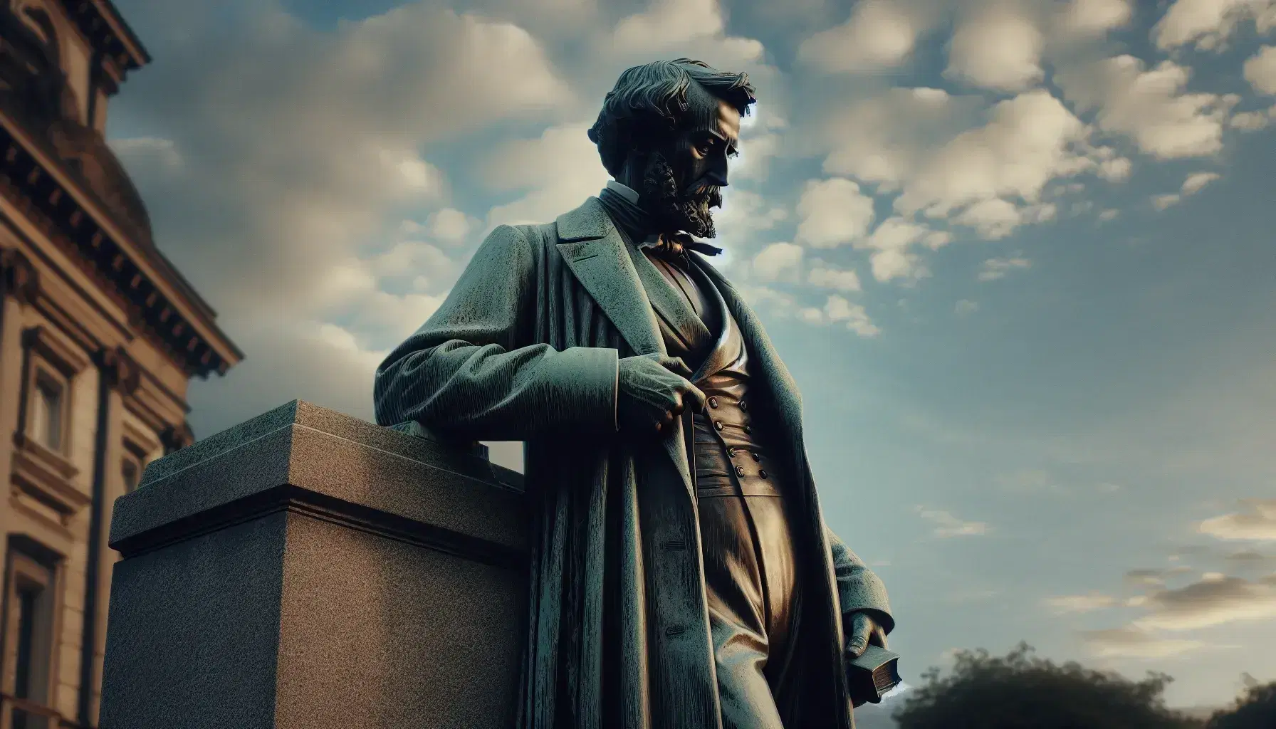 Statua in bronzo di filosofo ottocentesco pensieroso su piedistallo di pietra grigia, con cielo nuvoloso e prato verde circostante.