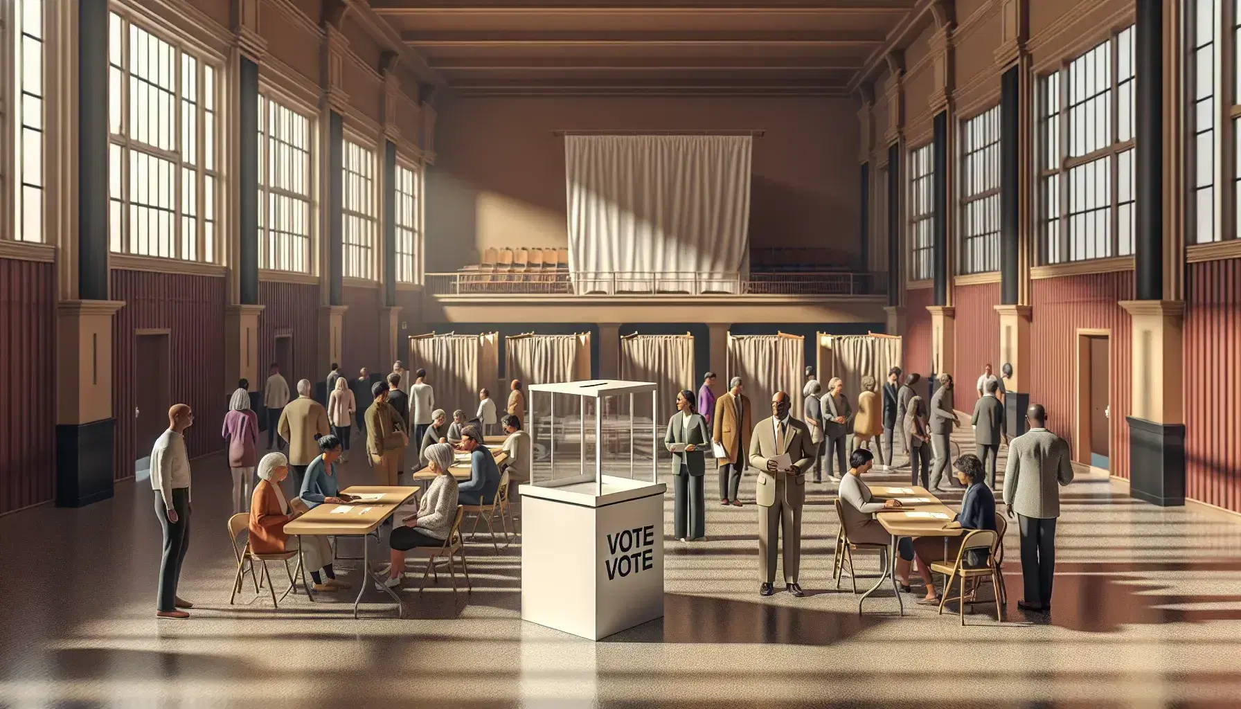 Diverse group engaging in civic duty at a community center with a clear ballot box and private voting booths, symbolizing democratic unity.