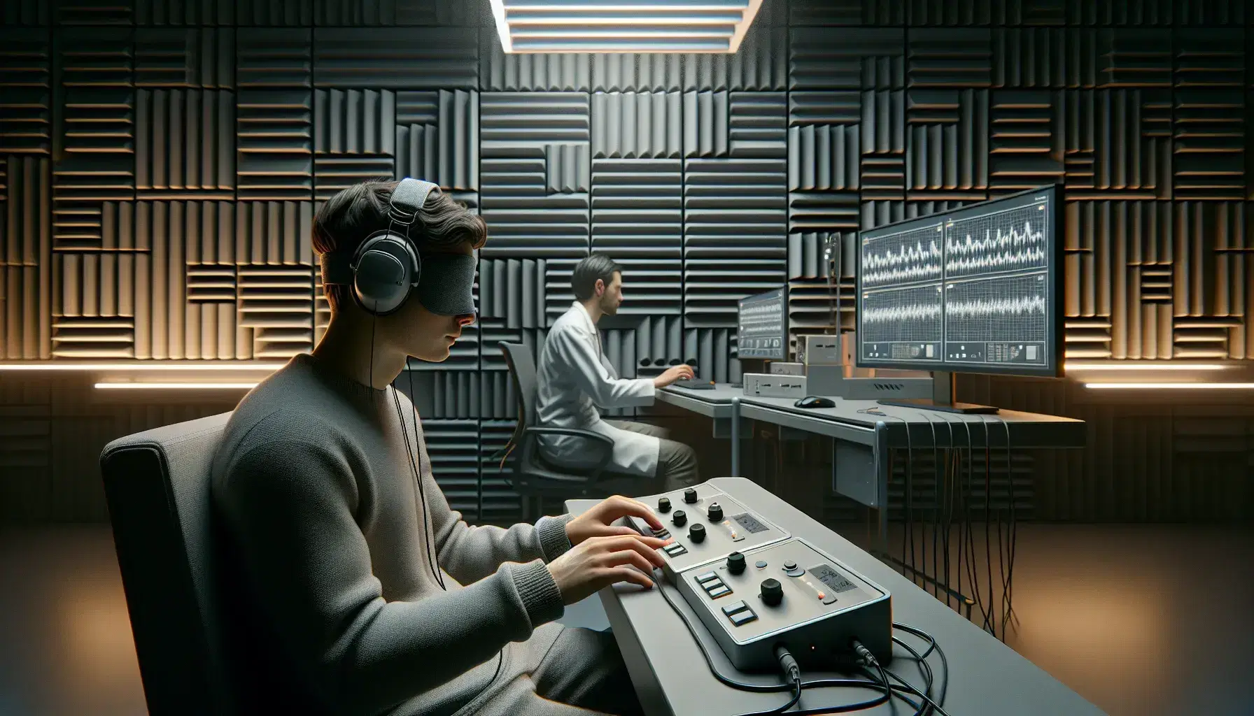 Human subject participates in a sensory threshold experiment in the laboratory with headphones, eye mask and sound-absorbing panels.