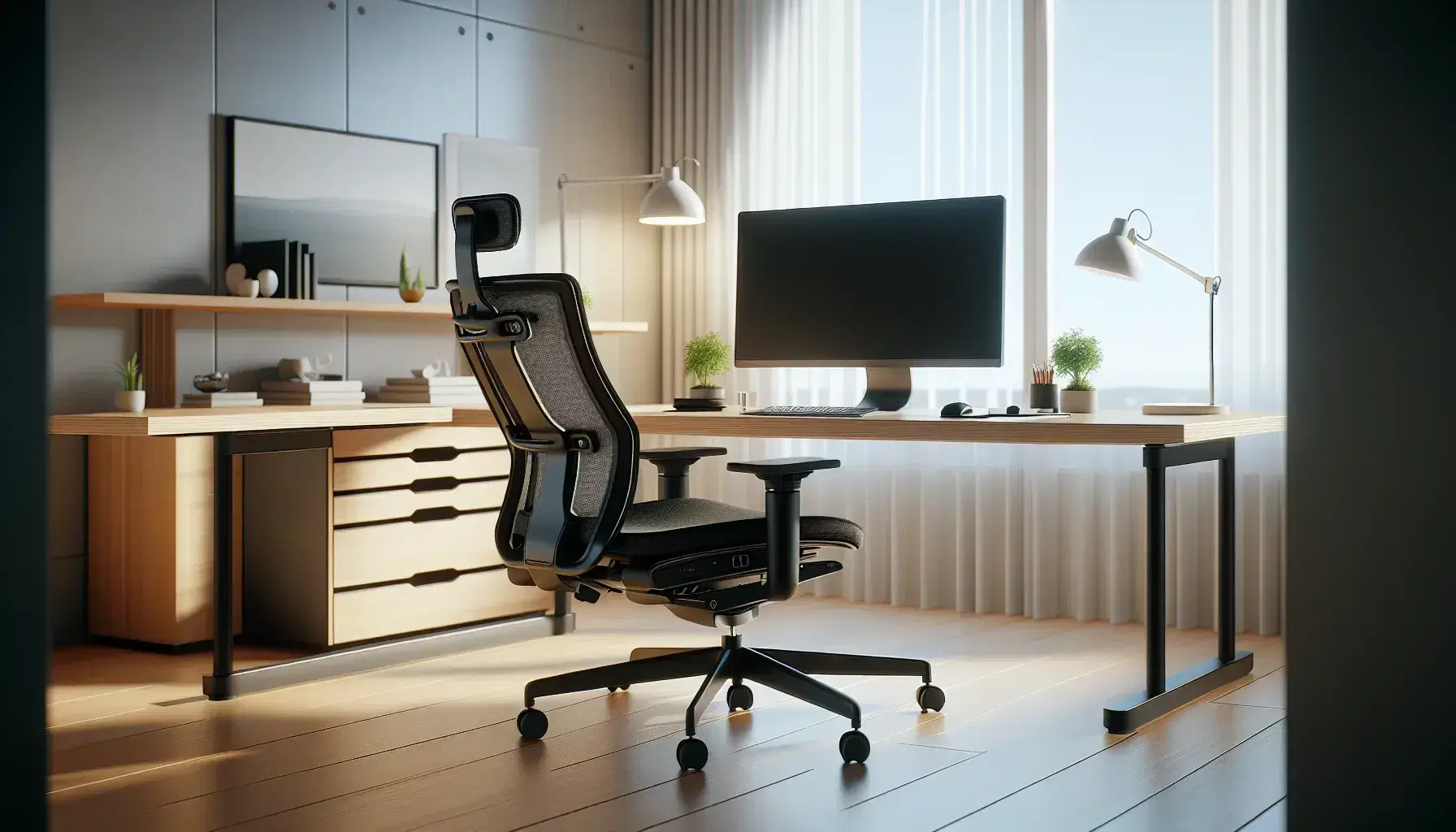 Modern office with black ergonomic chair, light wooden desk with monitor, keyboard and green plant, floor lamp and window with white curtains.