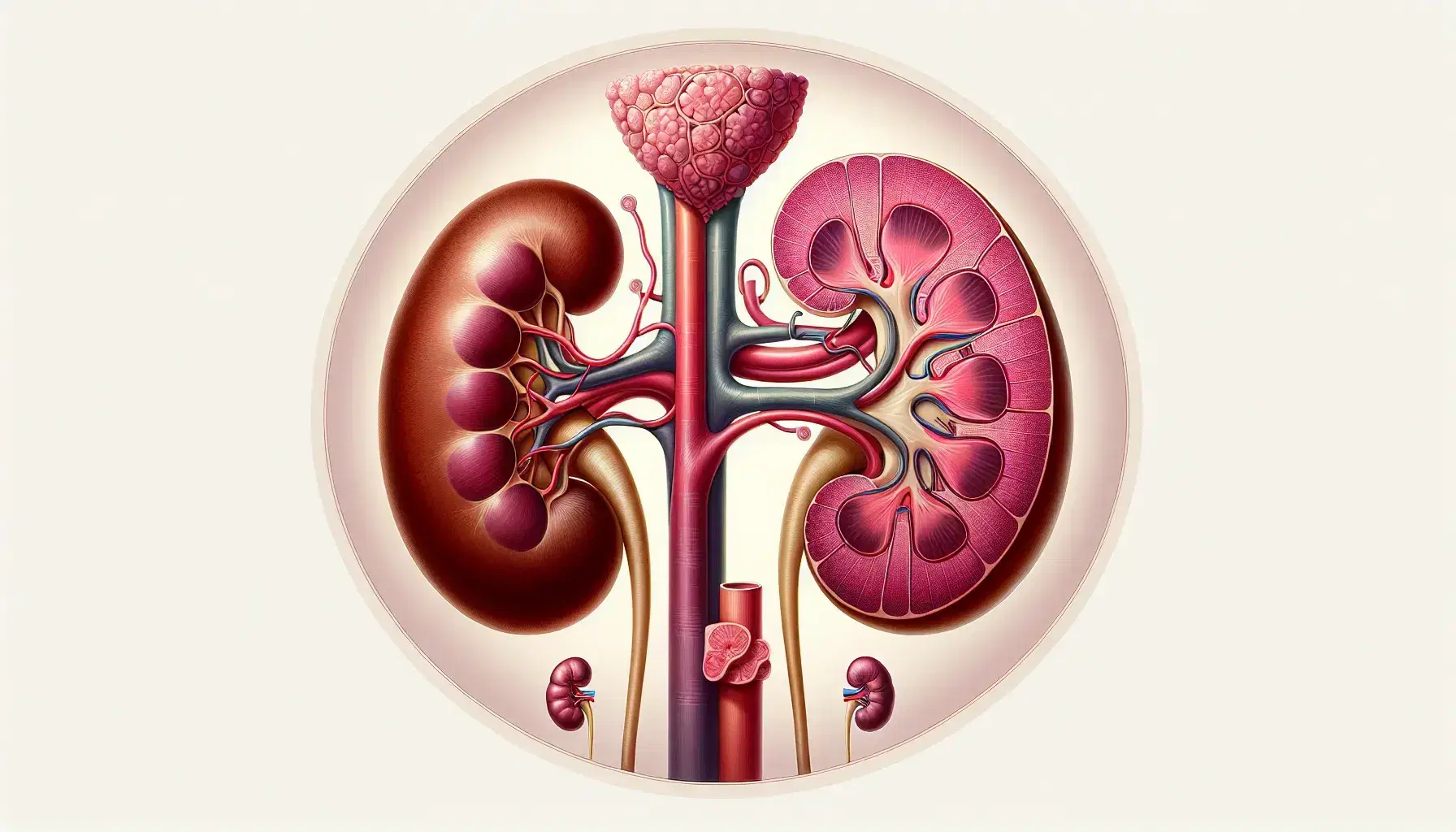 Sección transversal detallada de un riñón humano mostrando corteza renal, médula renal, pirámides renales, papilas renales y pelvis renal conectada al uréter.