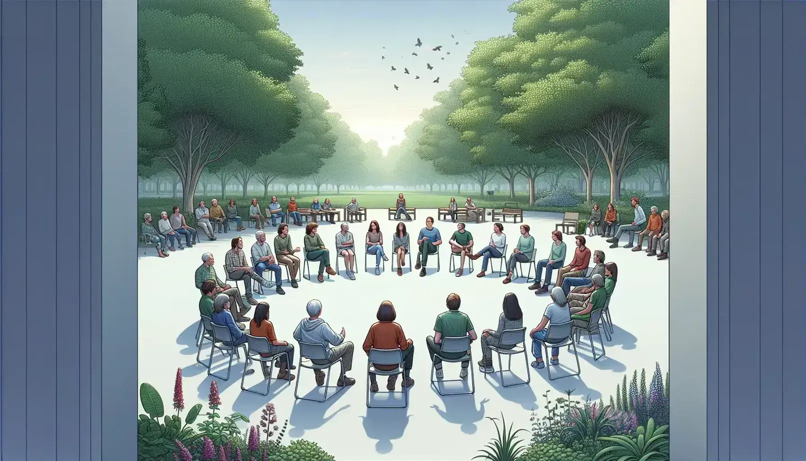 Gruppo di persone sedute in cerchio in un parco, discutendo attivamente in un ambiente naturale e tranquillo.
