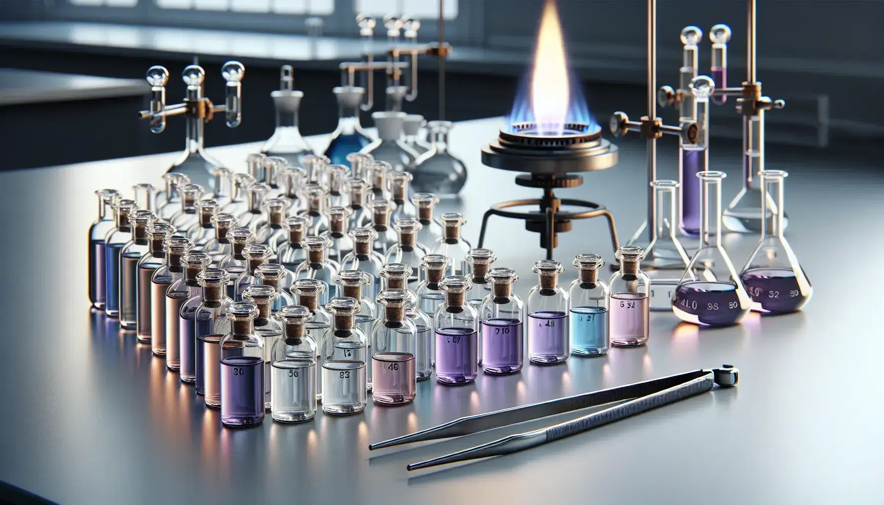 Laboratory with glass test tubes containing lilac to purple colored solutions for flame tests, Bunsen burner and metal tongs.