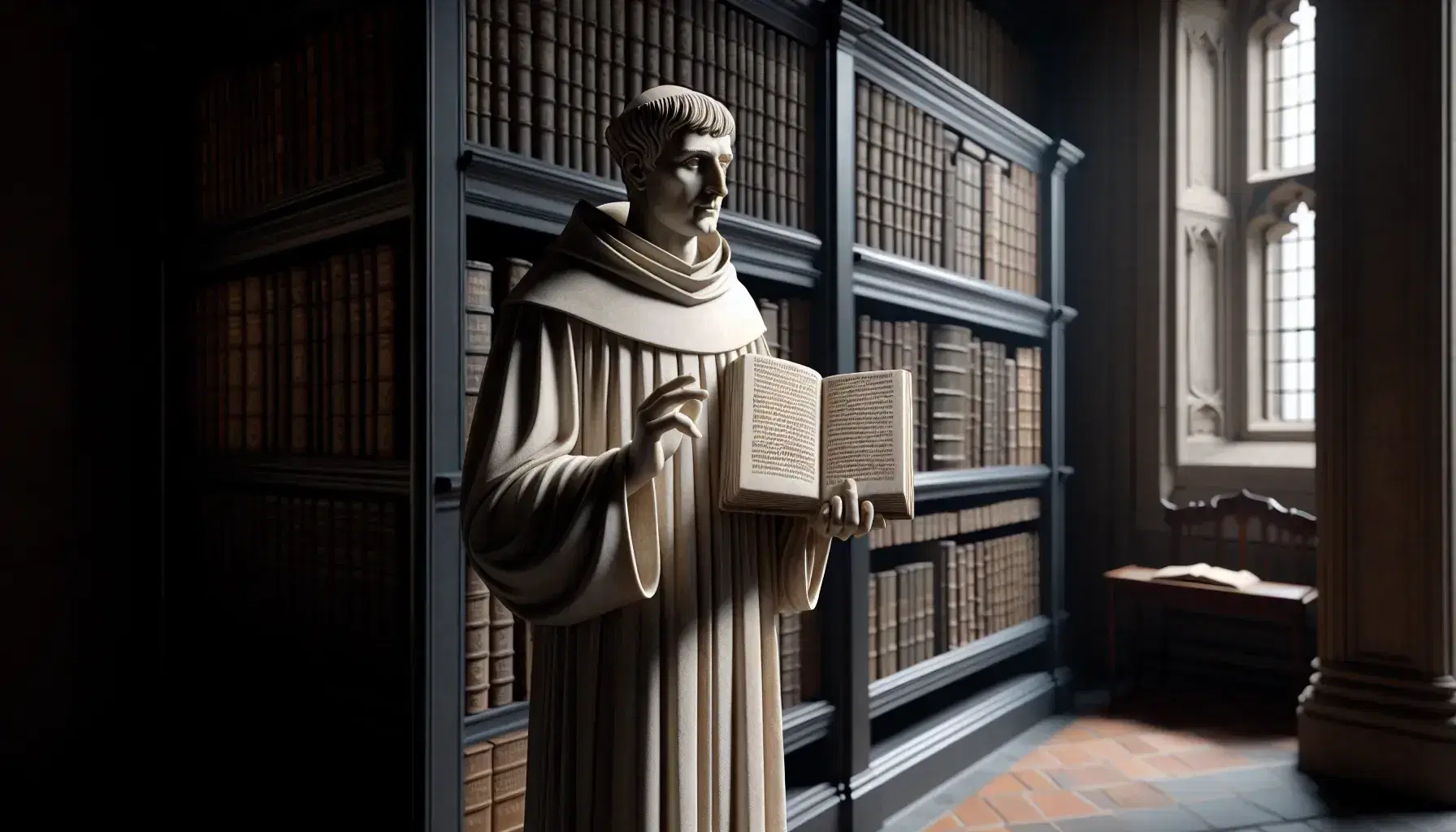 Estatua de piedra gris de Santo Tomás de Aquino en una biblioteca antigua, con túnica medieval, sosteniendo un libro y señalando hacia arriba.
