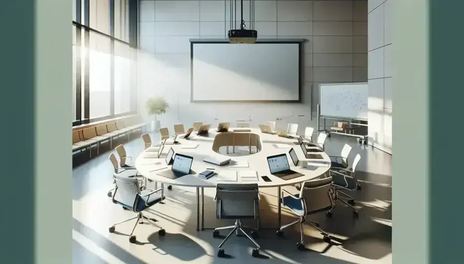 Aula universitaria moderna e luminosa con tavolo ovale, sedie ergonomiche blu, laptop, tablet, fogli bianchi, lavagna e proiettore spento.