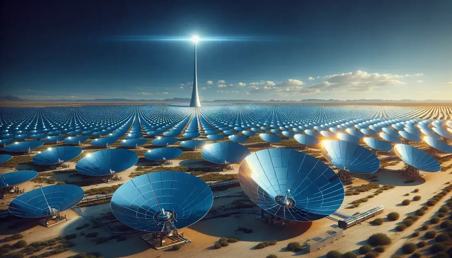 Campo di pannelli fotovoltaici e torre solare circondati da specchi parabolici in un paesaggio desertico sotto un cielo azzurro.