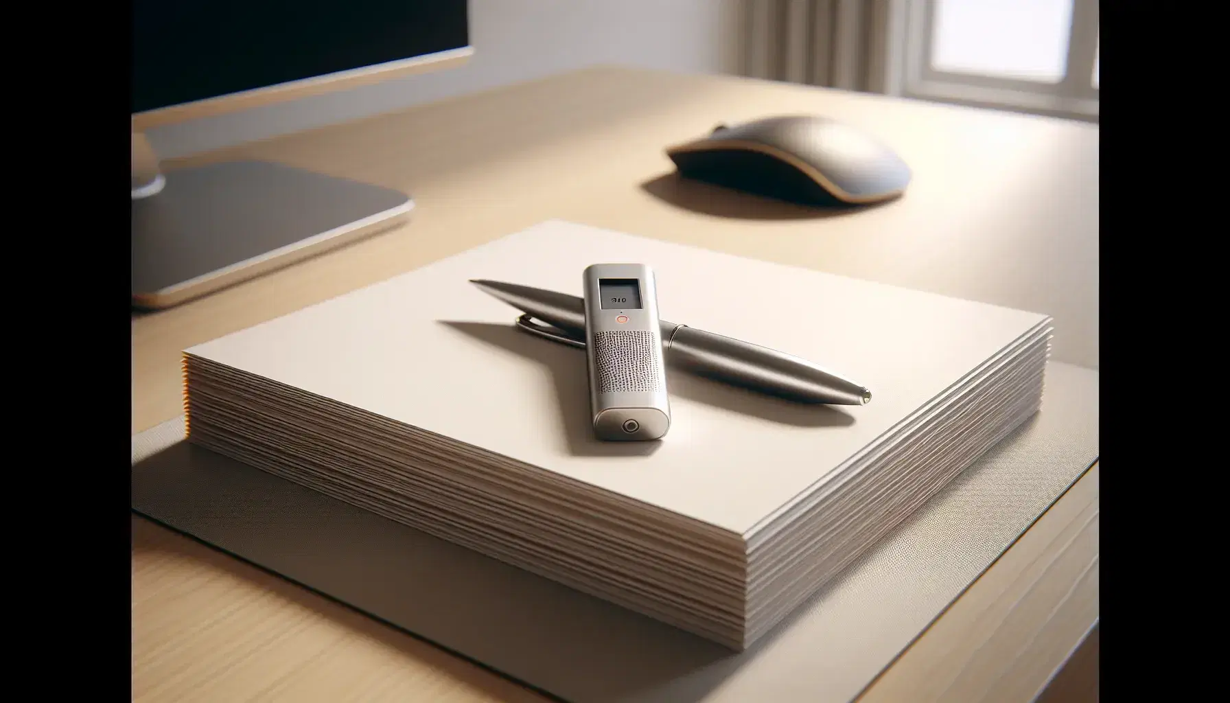 Organized desk with blank paper stack, silver ballpoint pen, active digital voice recorder on mouse pad, and computer with white screen in a sunlit room.