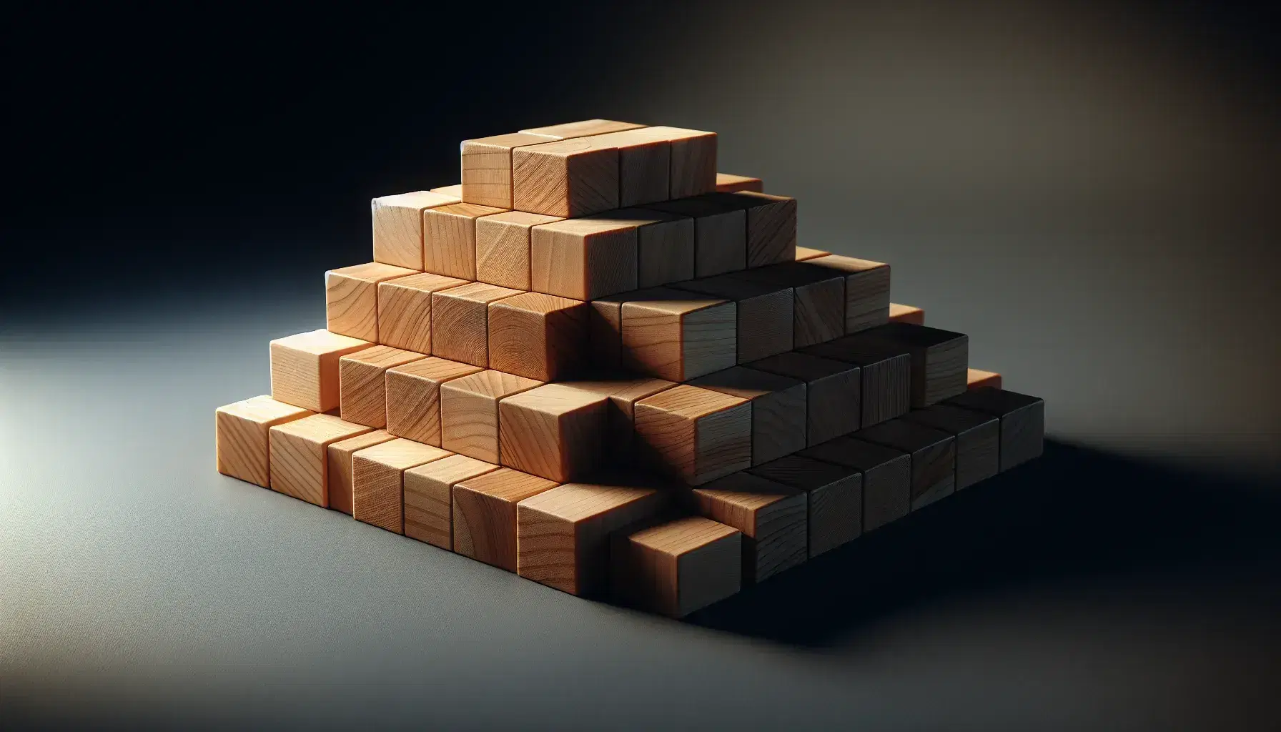 Wooden blocks stacked in descending order on black surface, with soft shadows and gray gradient background, without signs or symbols.
