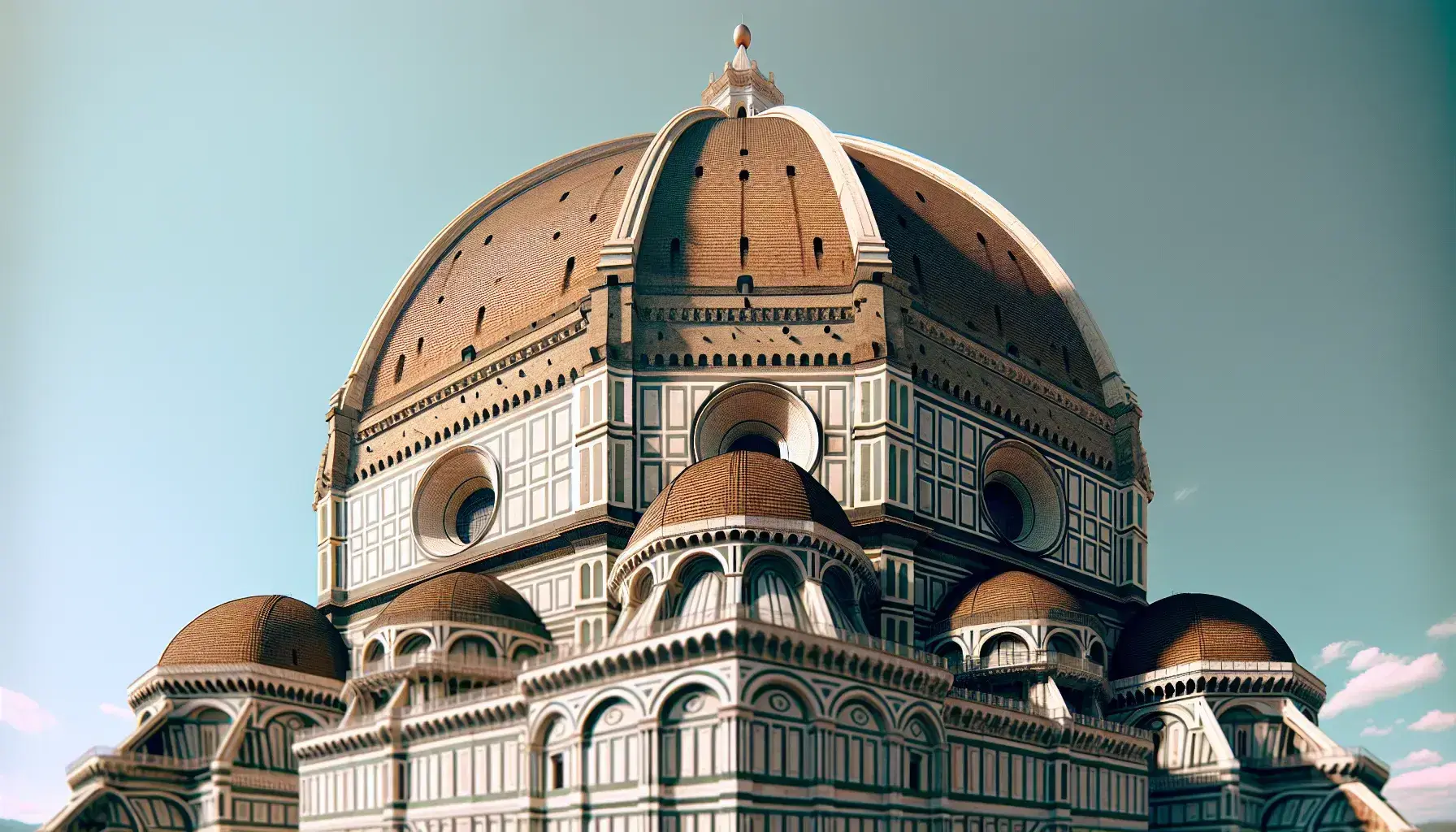 Cupola di Santa Maria del Fiore a Firenze, con costoloni in pietra e tegole terracotta, contro cielo azzurro con nuvole sparse.