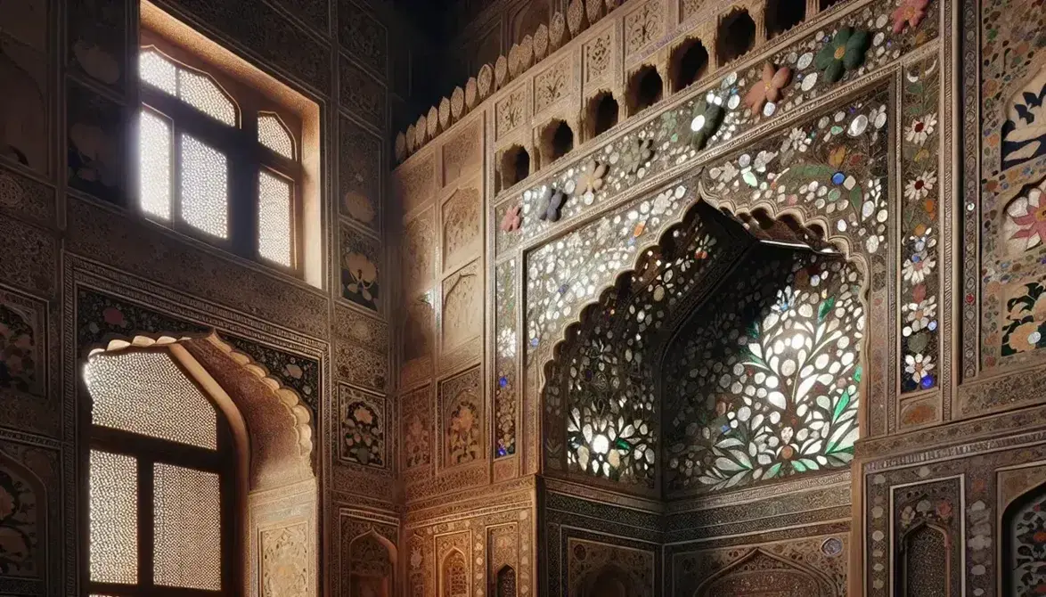 Intricate Mughal architecture with mirror mosaics and frescoes in Sheesh Mahal, Lahore Fort, showcasing geometric and floral patterns.