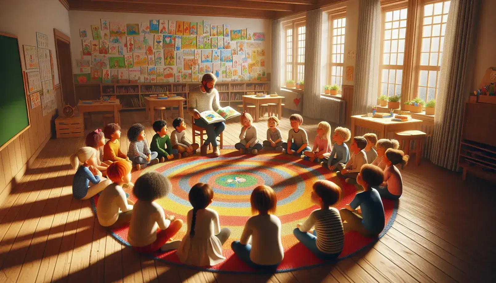 Bambini attenti seduti in cerchio su tappeto colorato ascoltano insegnante che legge libro illustrato in aula luminosa decorata con disegni.