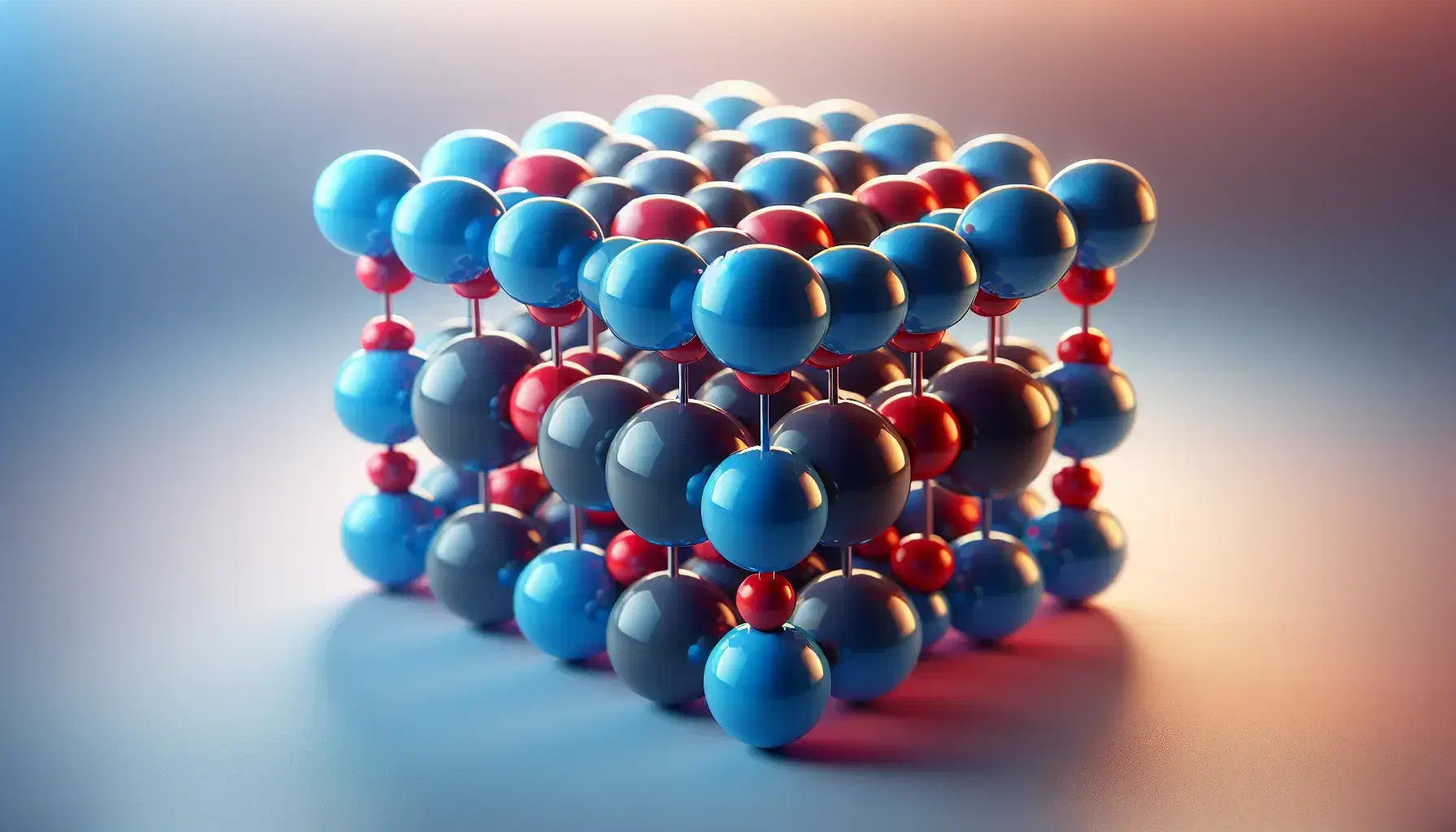 Cubic crystal structure with blue and red spheres representing cations and anions in an ionic lattice, on gray gradient background.