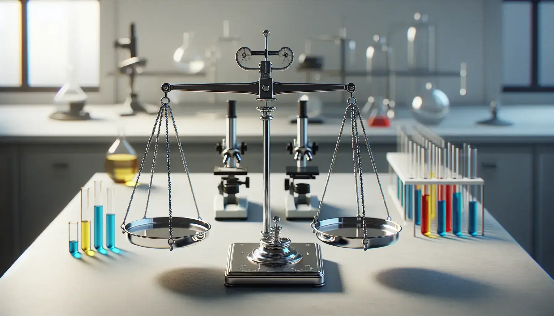 Balanza de dos platos en equilibrio en un laboratorio con microscopio negro y tubos de ensayo con líquidos de colores en un estante.
