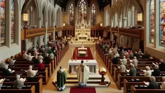 Interior de iglesia católica durante misa con feligreses en bancas, altar de mármol con cáliz dorado, sacerdote en casulla verde y vitrales coloridos.