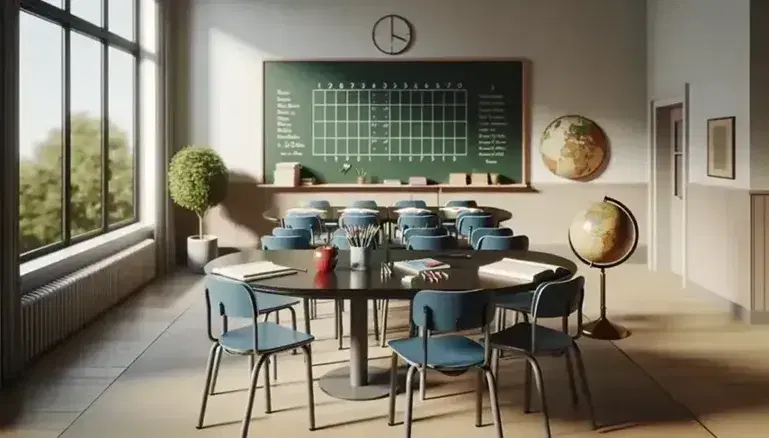 Aula luminosa con tavolo ovale in legno, sedie blu, mela rossa, globo, penna e quaderno su tavolo, lavagna verde e pianta.