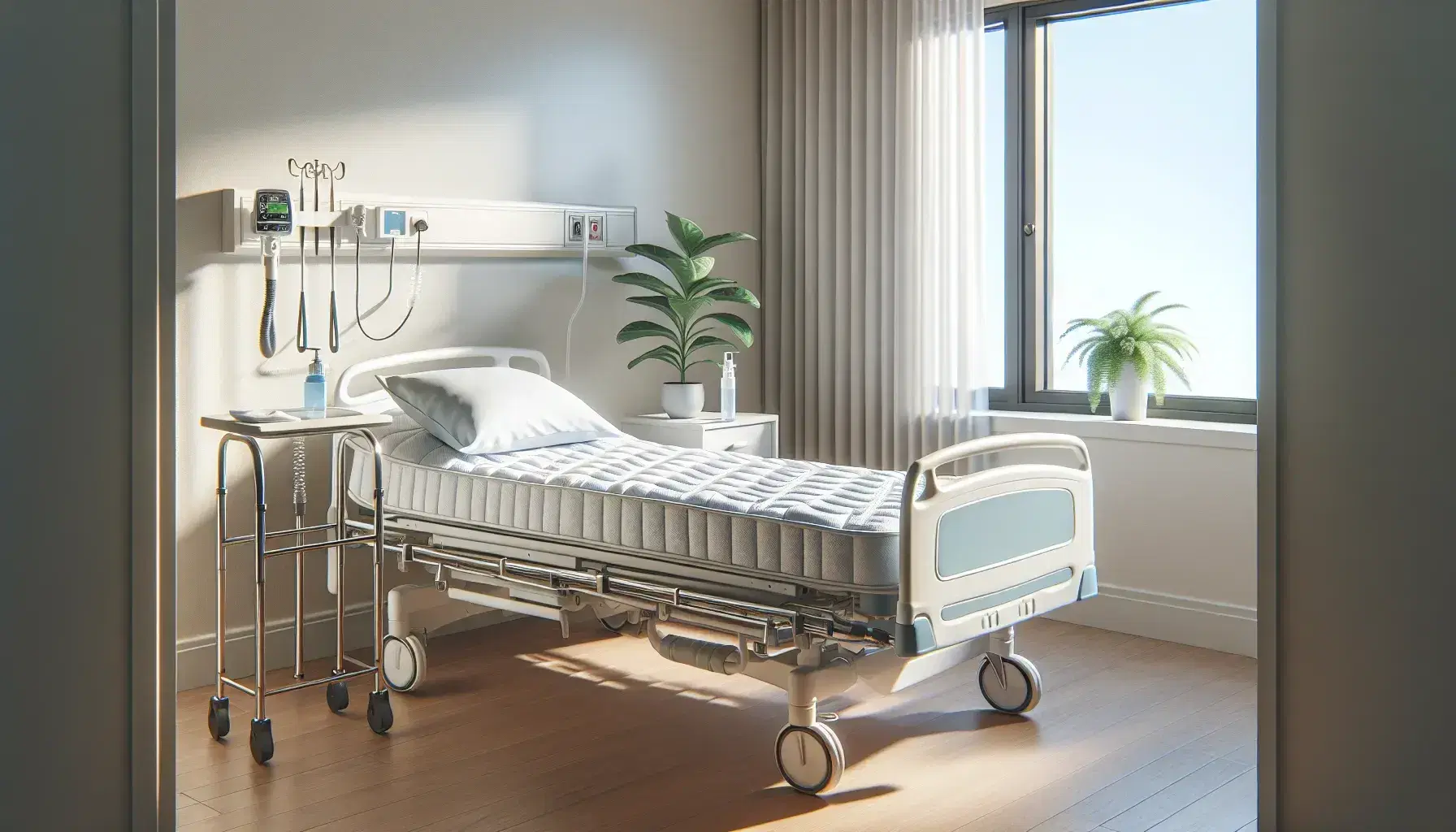 Letto ospedaliero vuoto con sponde alzate, materasso antidecubito azzurro, inalatore aerosol e deambulatore in stanza luminosa con pianta verde.