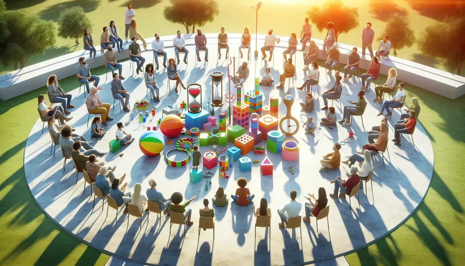 Grupo diverso de personas en círculo con objetos como pelota y bloques de construcción en espacio abierto con árboles y cielo azul.