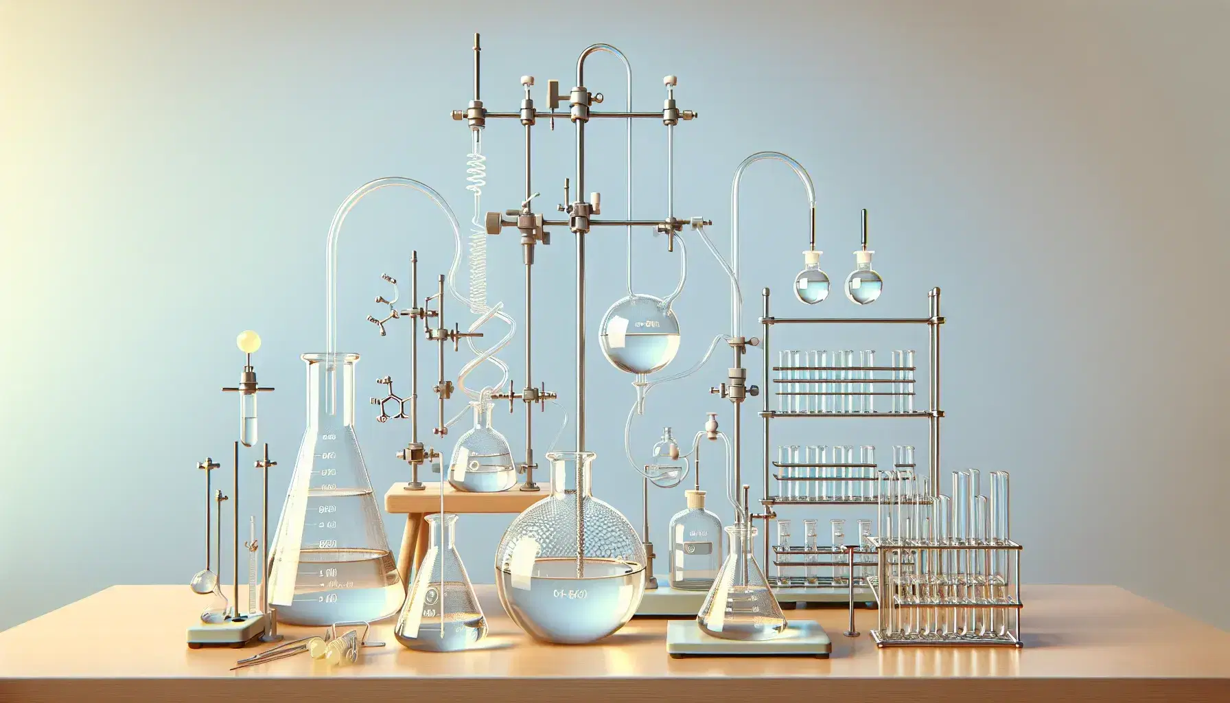 Organic chemistry laboratory with assortment of glassware: flask, Liebig condenser, magnetic stirrer, funnels and beakers on gray bench.