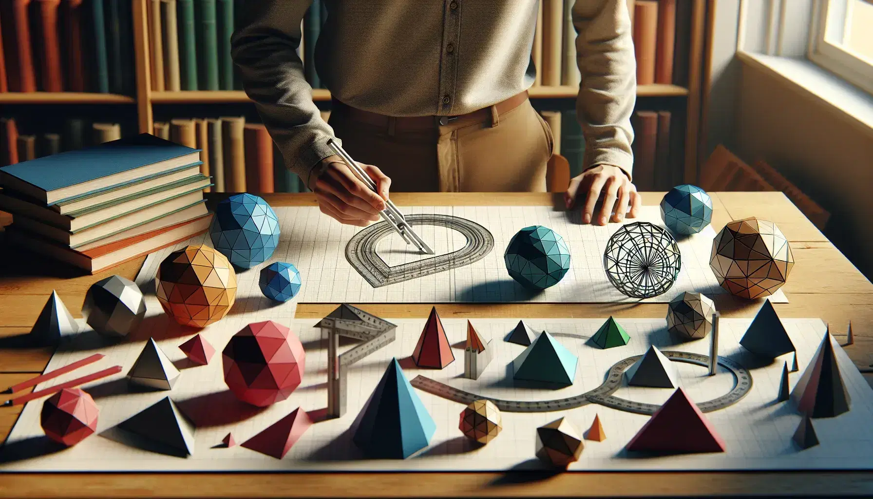 Person measuring angle on geometric patterned paper using protractor, surrounded by colorful 3D shapes, at a wooden desk with bookshelf background.