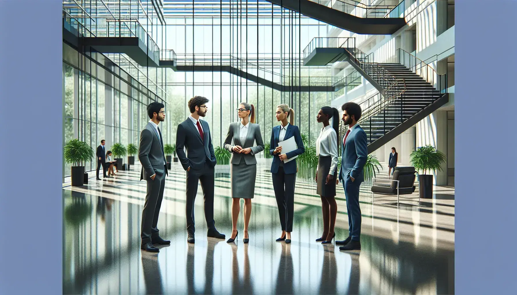 Grupo diverso de profesionales en conversación en el vestíbulo moderno de un edificio con escalera de cristal y modelo arquitectónico.
