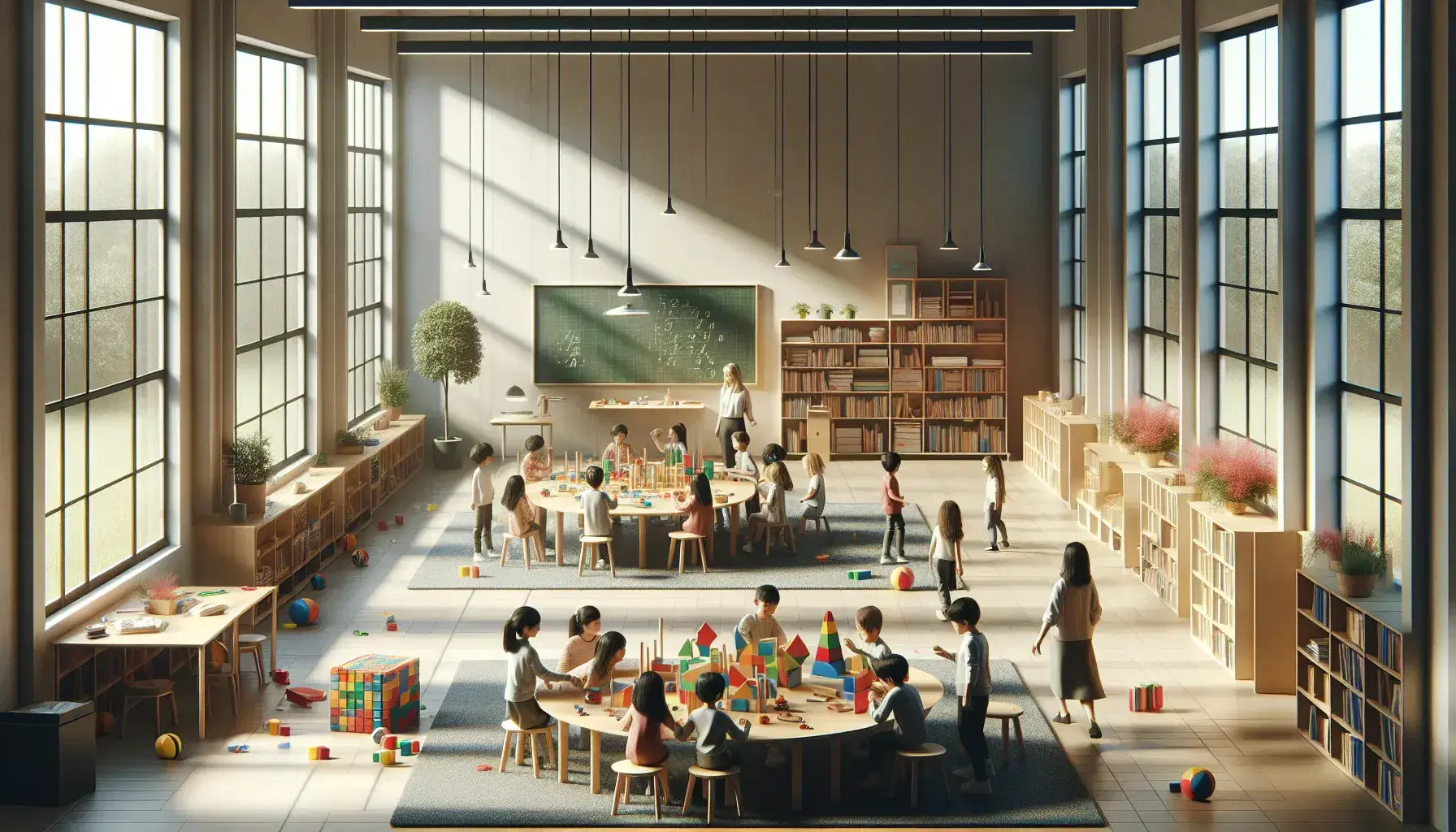 Aula espaciosa y luminosa con estudiantes de diversas edades participando en actividad grupal en mesa redonda, manejando bloques de construcción y formas geométricas, con un profesor supervisando y plantas decorativas.
