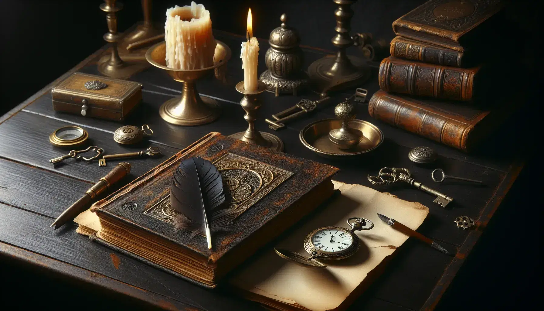 Mesa de madera oscura con libro antiguo abierto, pluma en tintero, reloj de bolsillo dorado, llaves de hierro y vela en candelabro.