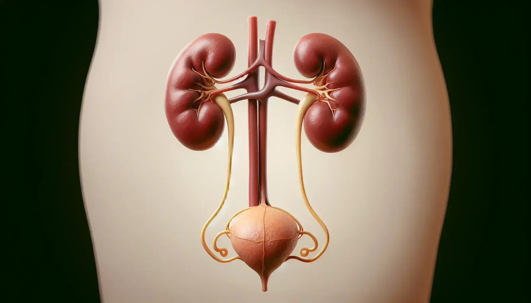 Vista anatómica del sistema urinario humano con riñones rojos oscuros, ureteres amarillos claros, vejiga rosa pálida y uretra, sin texto.