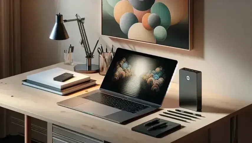 Scrivania in legno chiaro con laptop aperto, hard disk esterno nero, pila di fogli, penna blu e quadro astratto sullo sfondo.