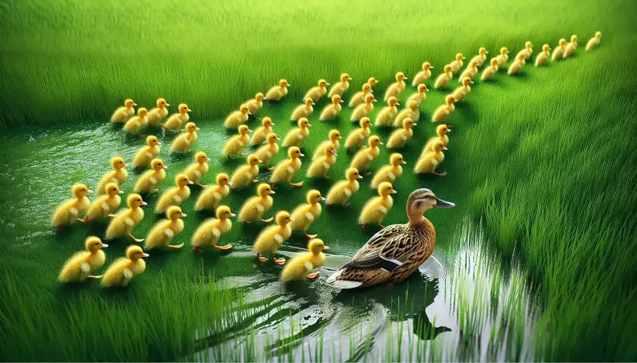 Anatra madre marrone e bianca guida anatroccoli gialli in formazione a V su erba verde con riflesso d'acqua sullo sfondo.