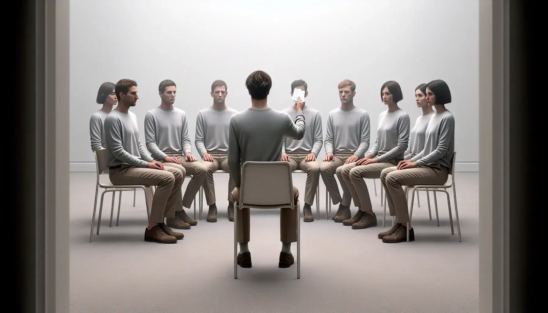 Five people sitting in a semicircle on white chairs listen to an individual standing show them blank cards in a plain room.