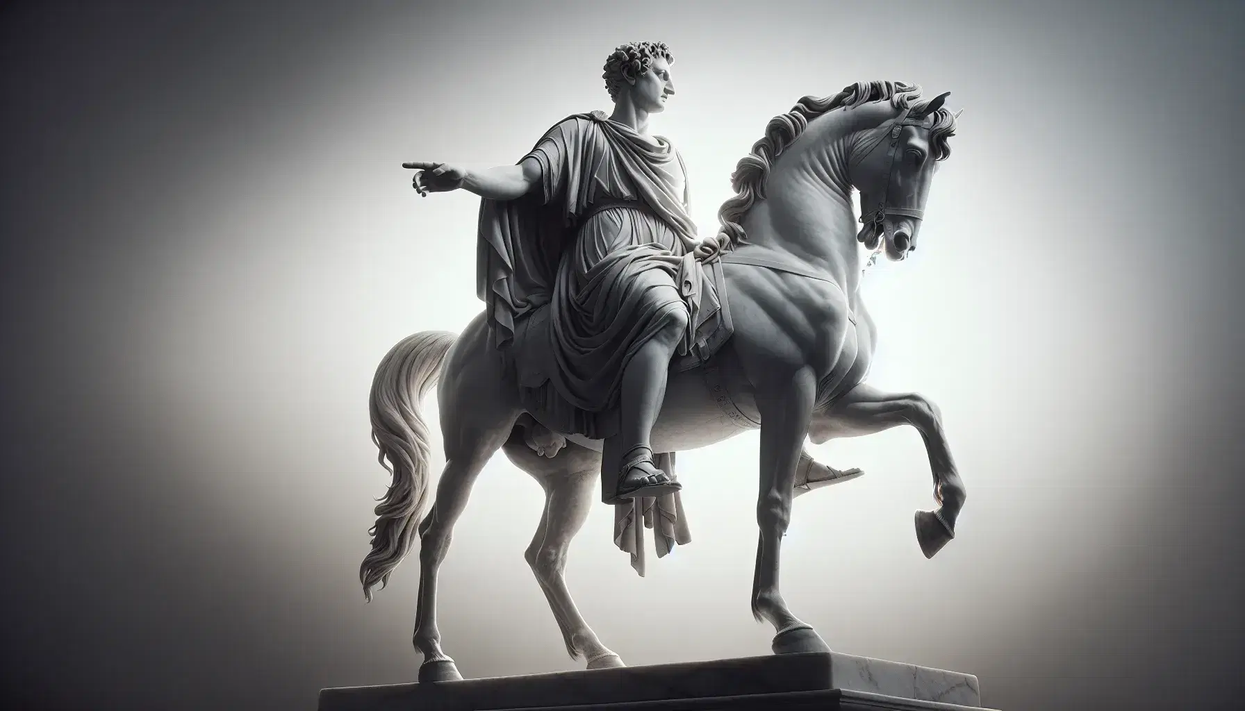 Statua in marmo bianco di figura storica a cavallo, con cavallo impennato e figura con tunica e braccio alzato, su sfondo grigio uniforme.
