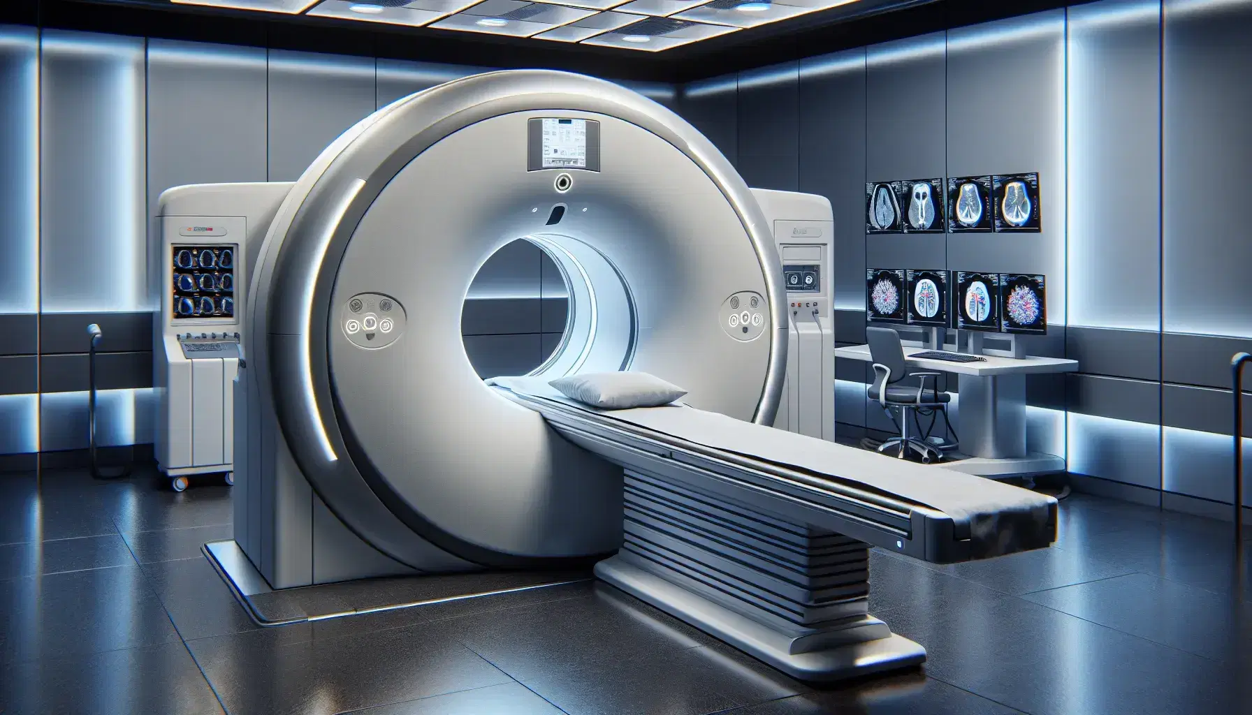 Modern medical imaging room with white and gray CT scanner and metallic PET machine, technology console and healthcare professional.