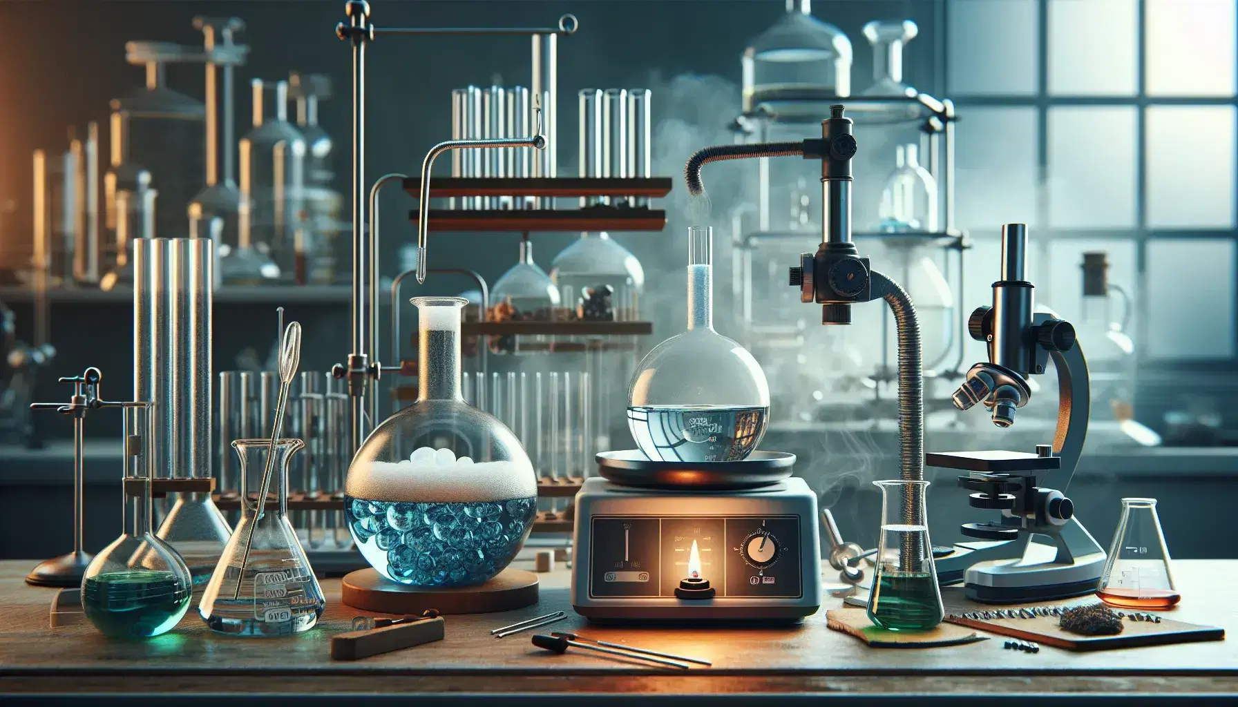 Scientific laboratory with beaker containing blue liquid, round bottom flask on flame, analytical balance and microscope, under fume hood.