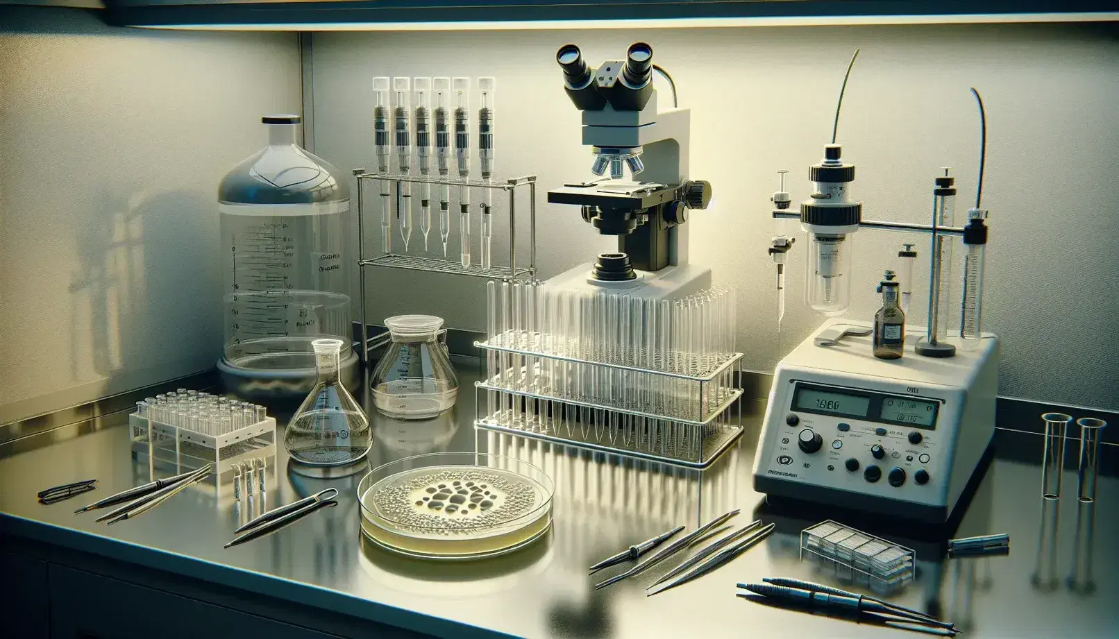 Laboratory with sterile bench, pipettes, closed microcentrifuge, Petri dish with bacterial colonies, microscope and bioreactor with tubes.