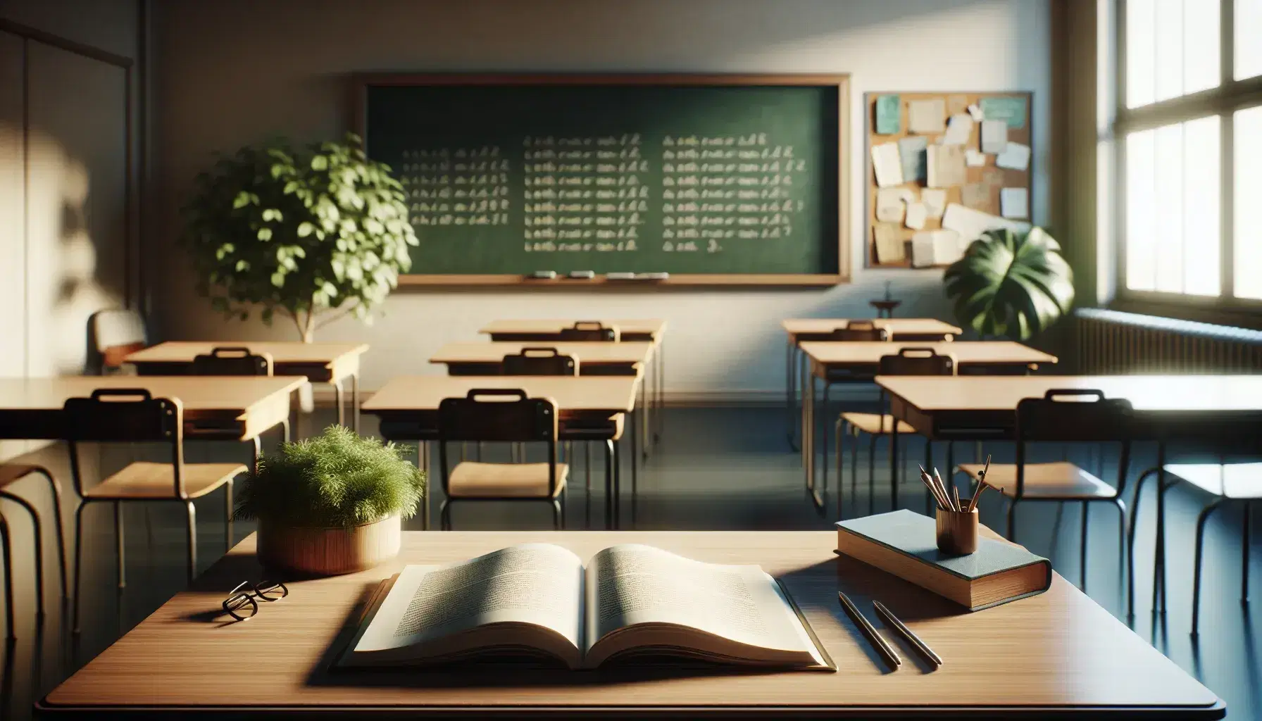 Serene classroom with a polished teacher's desk, open textbook, potted plant, neat rows of student desks, an unmarked chalkboard, and bulletin boards.