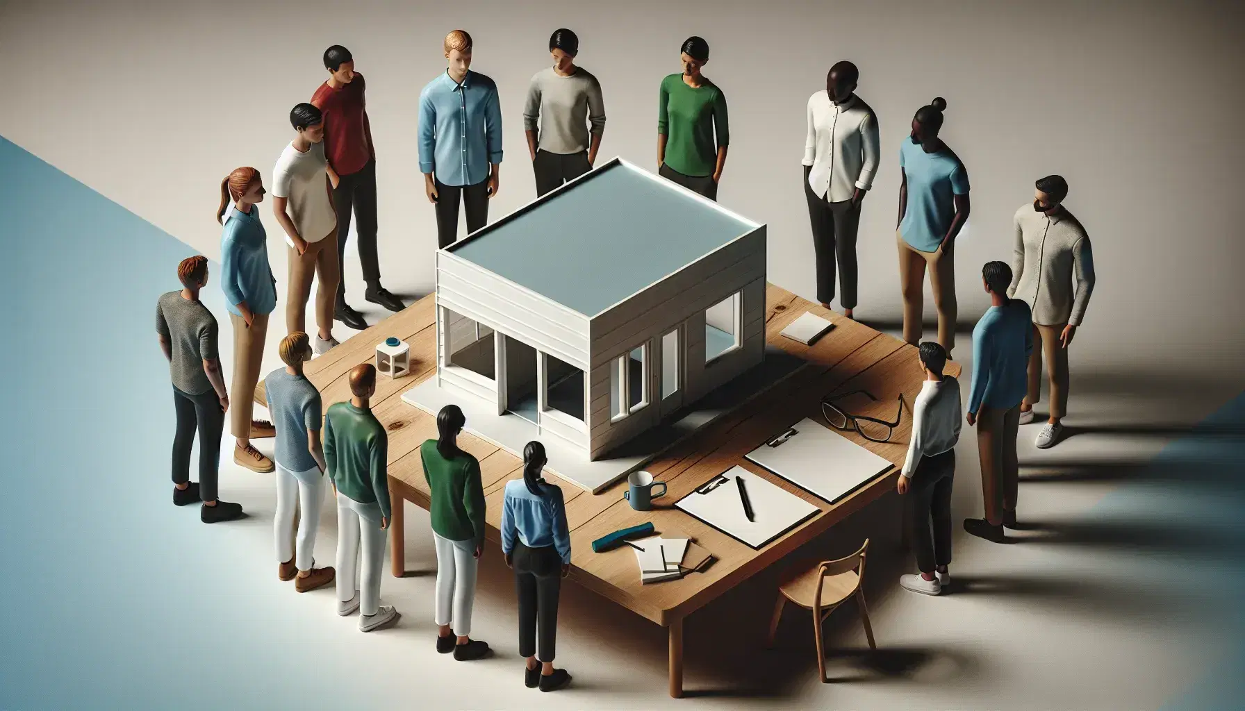 Grupo diverso de personas analiza maqueta de tienda comercial en mesa de madera, con objetos como gafas, bloc de notas y bolígrafo, en ambiente colaborativo.