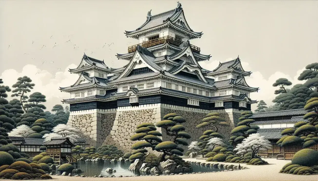 Traditional Japanese castle with white walls and curved roofs atop a stone base, surrounded by a manicured garden with a koi pond, against a mountain backdrop.