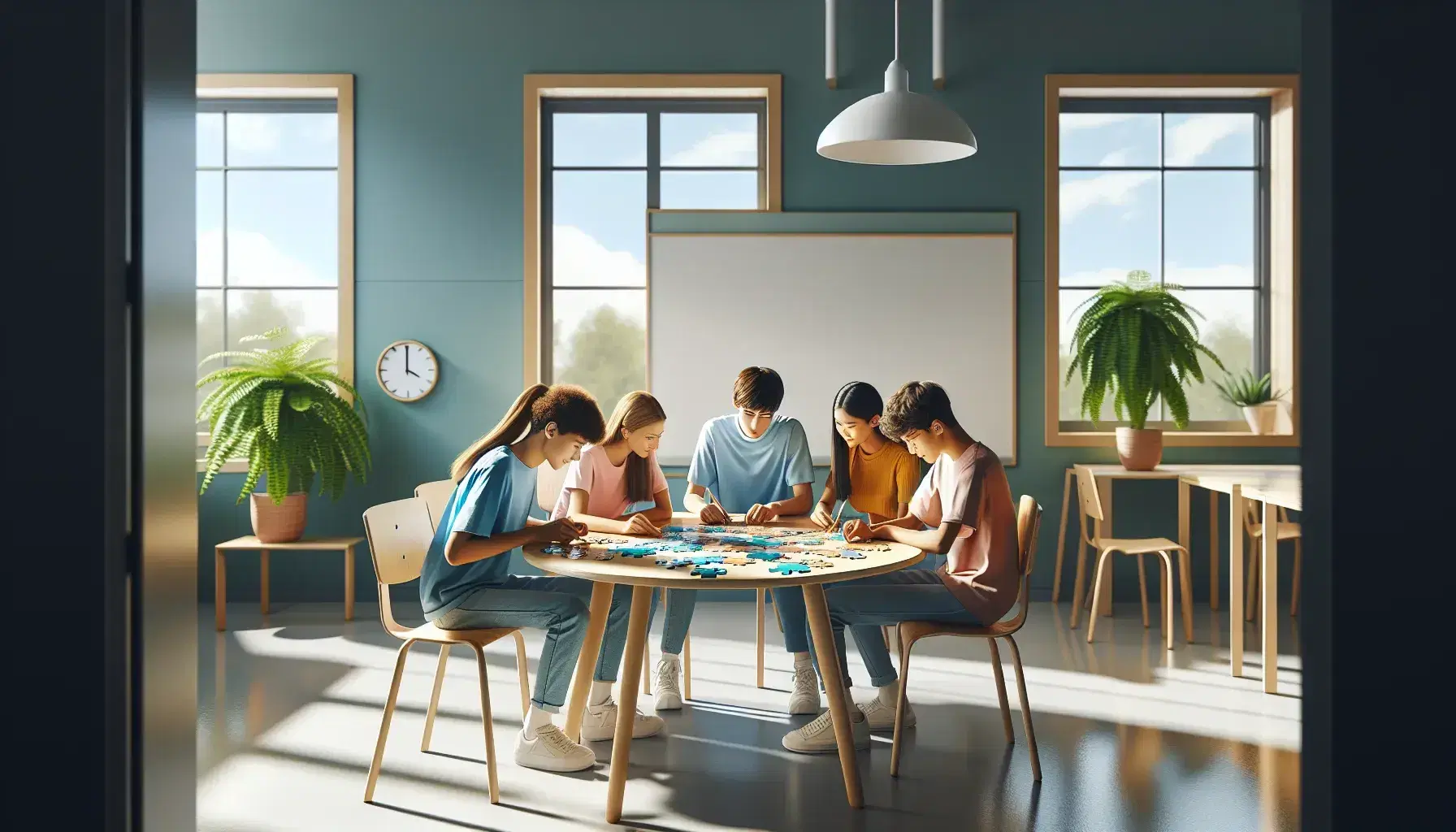 Cuatro estudiantes diversos colaboran en un rompecabezas sobre una mesa redonda en un aula escolar iluminada con luz natural.