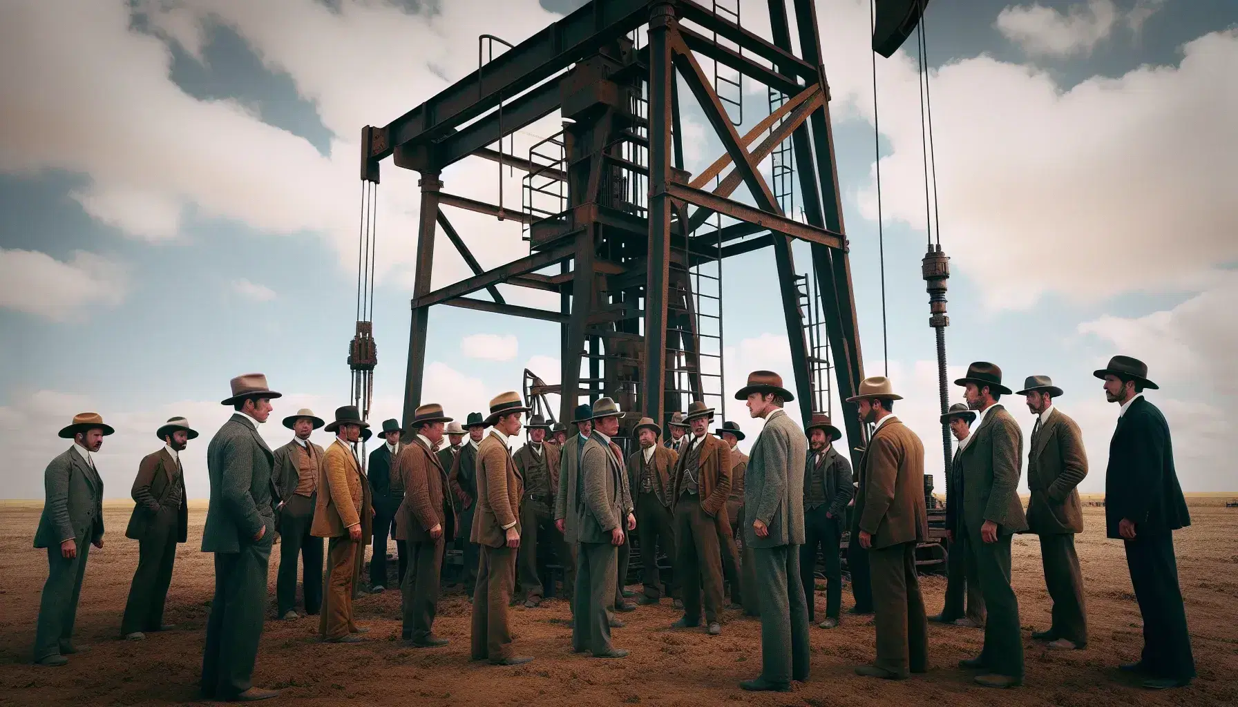 Grupo de hombres con vestimenta de los años 30 alrededor de una torre de perforación petrolera bajo un cielo azul.