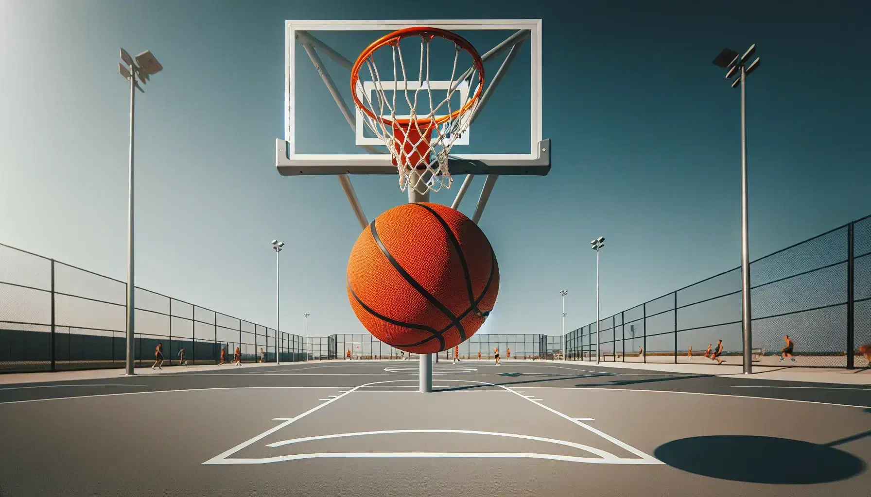 Balón de baloncesto naranja en pleno vuelo hacia canasta con aro metálico y red blanca, en cancha al aire libre con cielo azul despejado.