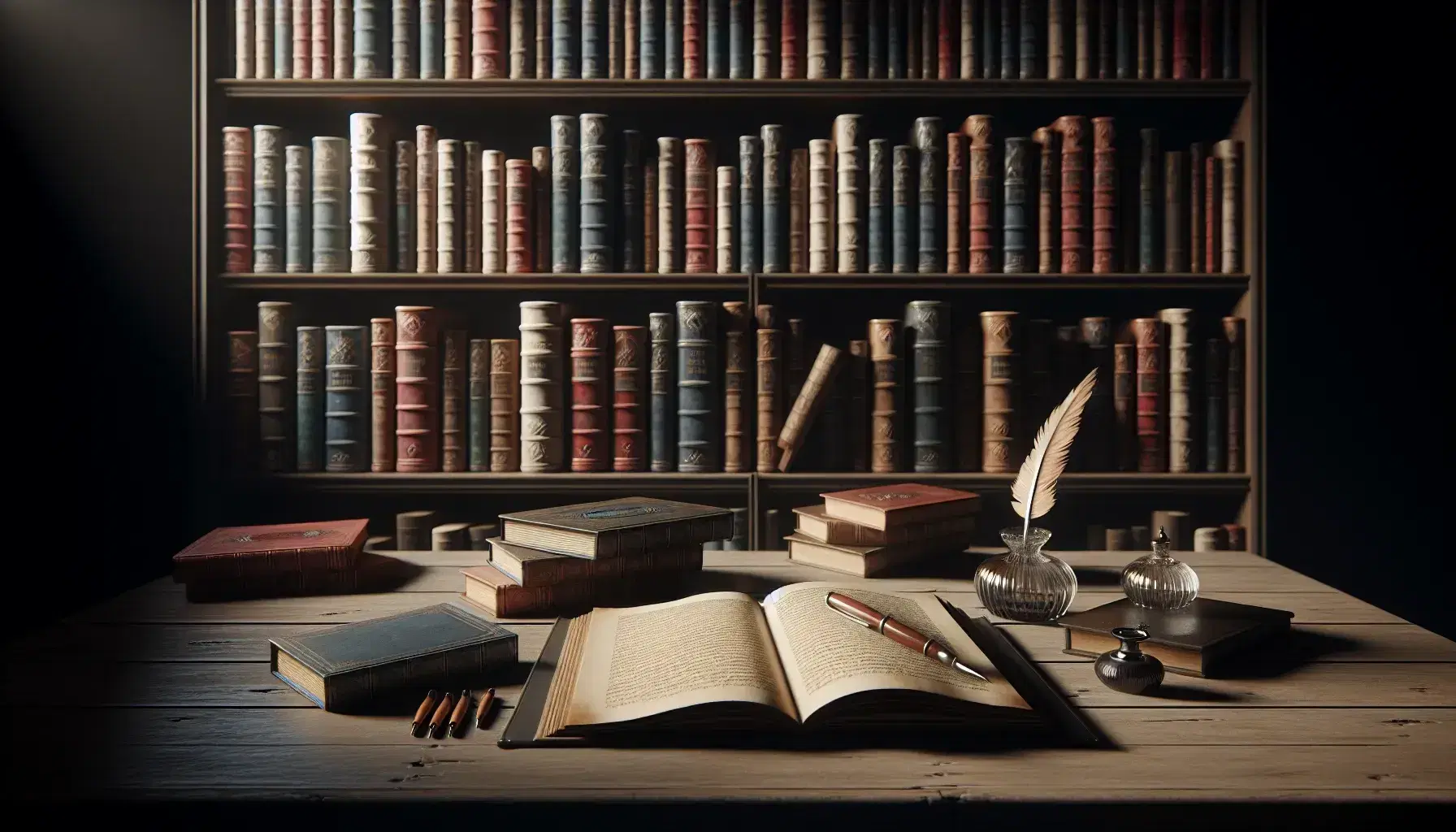 Estantería de madera oscura repleta de libros de colores variados con mesa y libro abierto en primer plano, acompañado de pluma antigua y tintero de porcelana.