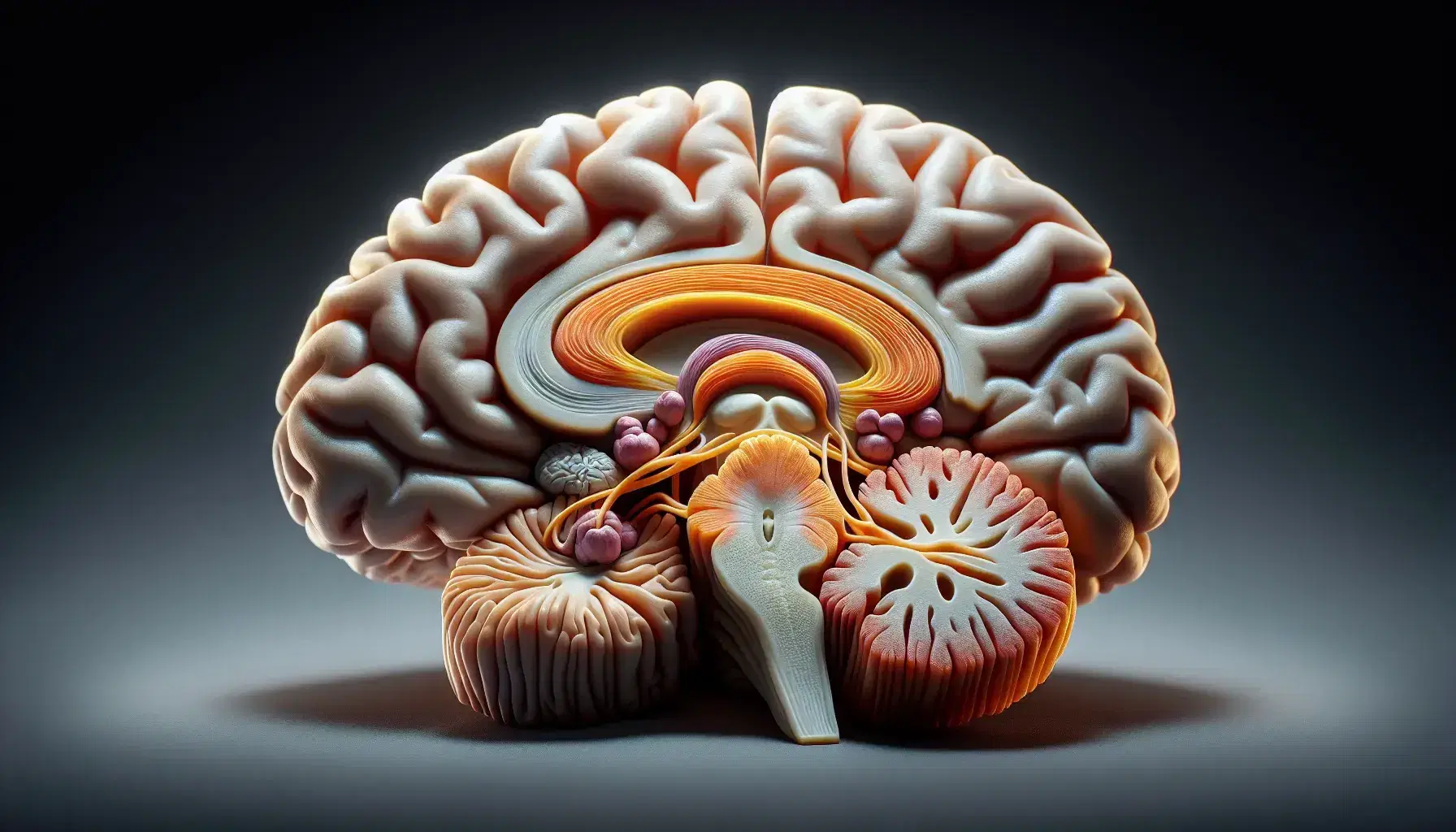 Three-dimensional model of the human brain with limbic system highlighted in orange, showing hippocampus, amygdala and mammillary bodies.