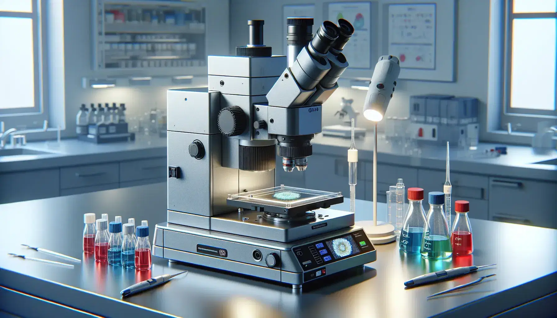 Microscopio elettronico a trasmissione in laboratorio con provette colorate e pipetta automatica su tavolo chiaro, ambiente scientifico sfocato.