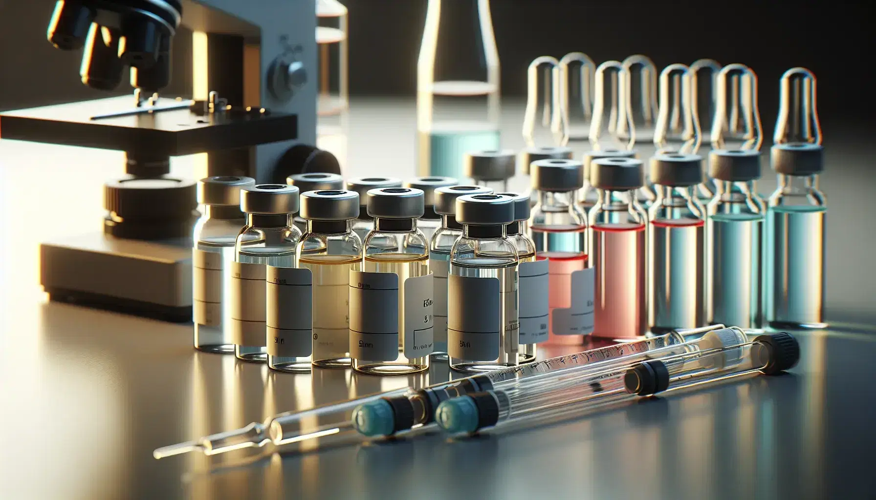 Frascos de vidrio con tapas de goma y etiquetas blancas conteniendo líquidos de colores variados en un laboratorio, con microscopio y pipetas al fondo.