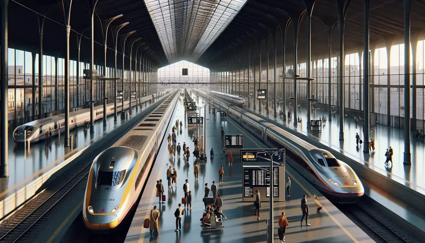 Modern Spanish train station with a high-speed train, bustling with passengers on the platform, under a glass-paneled roof on a sunny day.